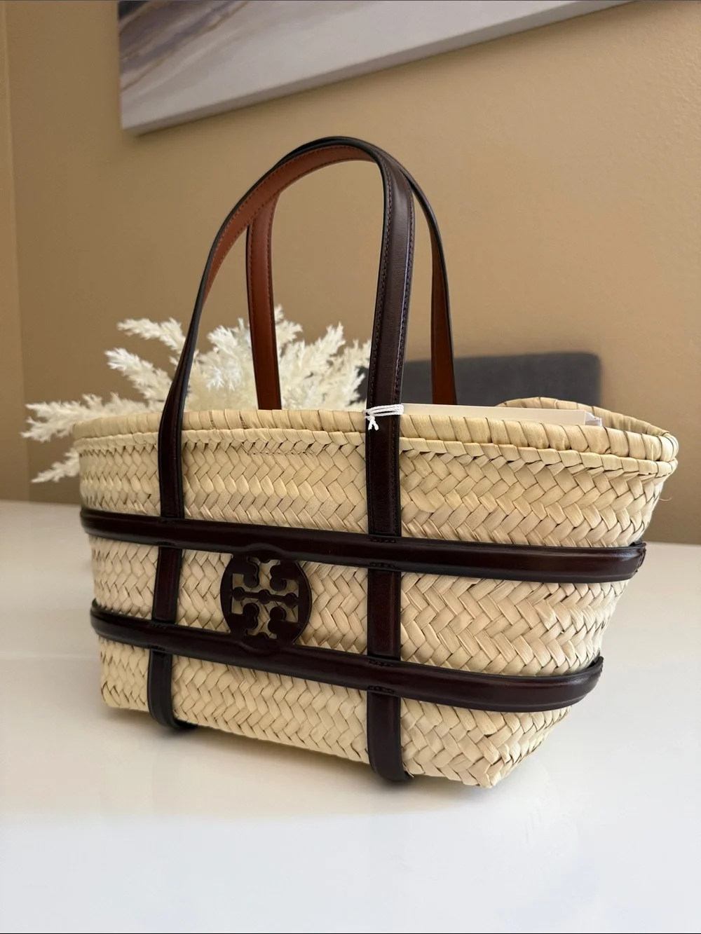 NWT , TORY BURCH ELLA STRAW SMALL BASKET SHOULDER BAG CLASSIC CUOIO